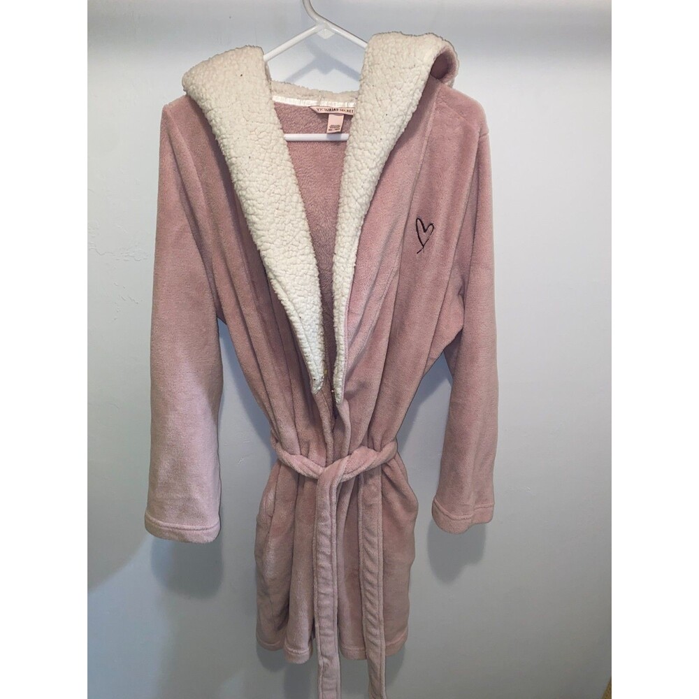 Victoria Secret Sherpa Hooded Plush Bathrobe Kimono Logo Size M/L Pink